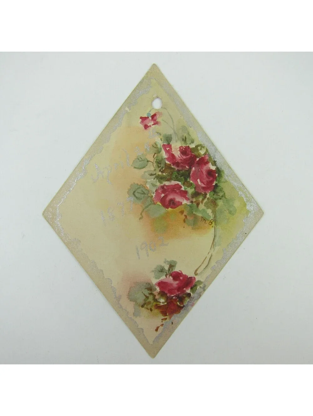 Victorian Card Watercolor Red Roses Flowers Green Leaves Silver Trim Antique